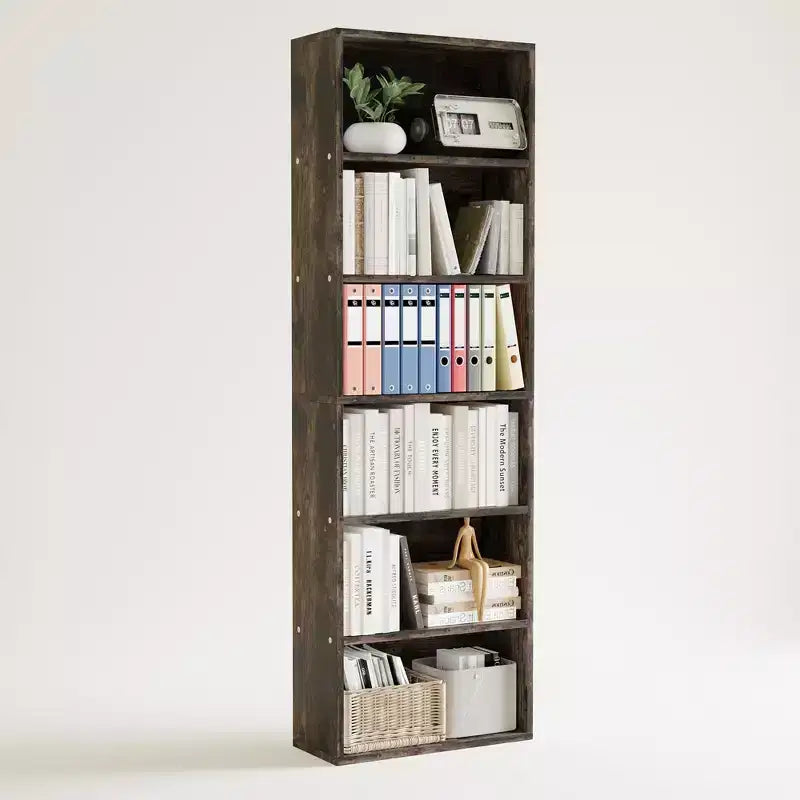 6-Tier Tall Bookcase for Office or Home  Industrial Rustic Bookshelf, Modern Slim Storage Shelf, Sturdy Organizer for Living Room, Bedroom, Library