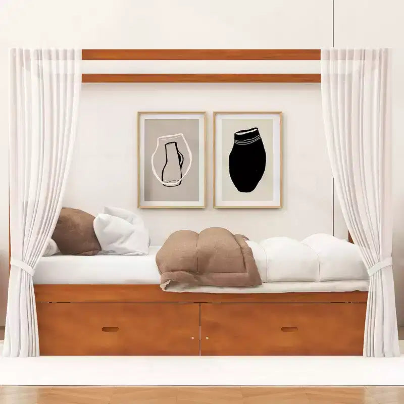 Struttura letto a baldacchino in legno con cassetti contenitore, matrimoniale/king size -