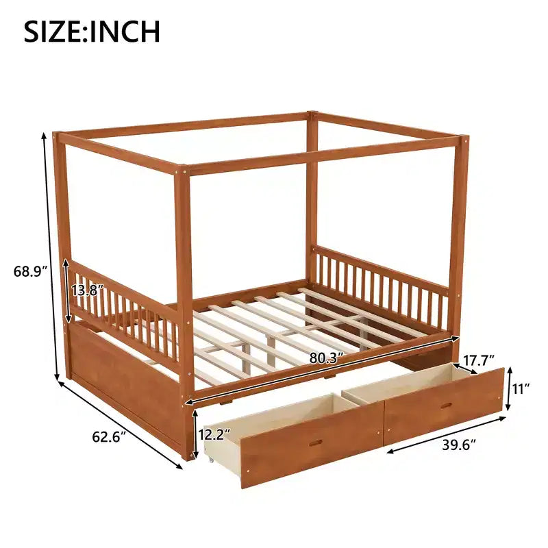 Struttura letto a baldacchino in legno con cassetti contenitore, matrimoniale/king size -