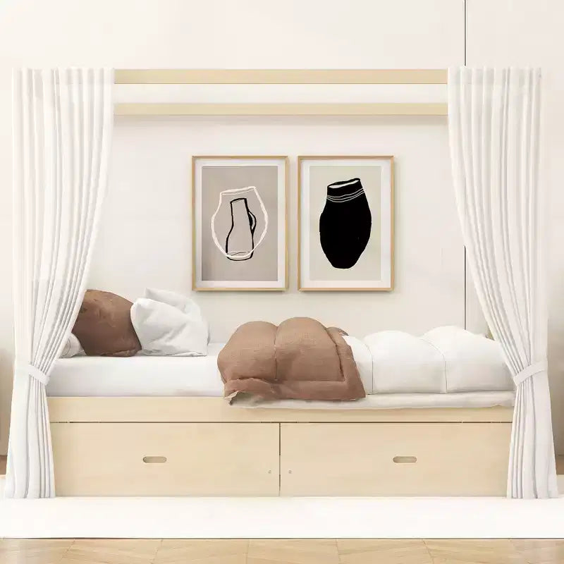 Queen/King Size Platform Bed Frame Wood Canopy Bed with Storage Drawers -