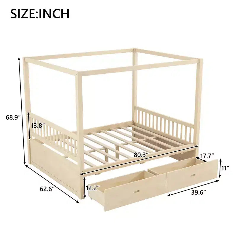 Queen/King Size Platform Bed Frame Wood Canopy Bed with Storage Drawers -