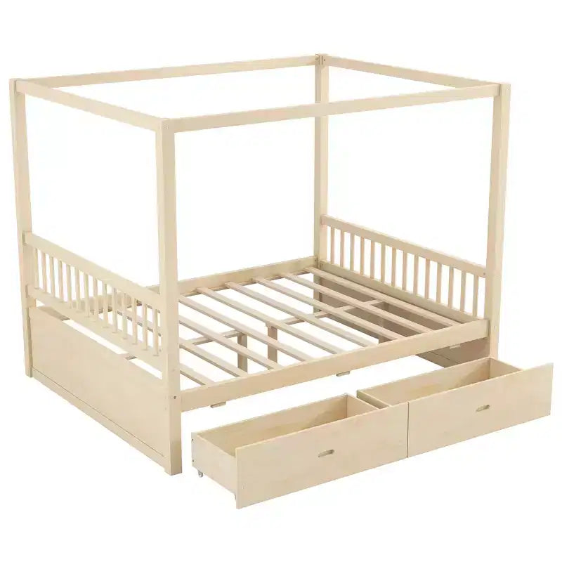 Queen/King Size Platform Bed Frame Wood Canopy Bed with Storage Drawers -