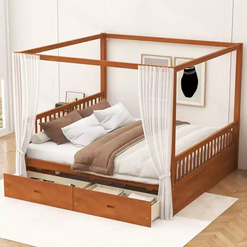 Queen/King Size Platform Bed Frame Wood Canopy Bed with Storage Drawers -