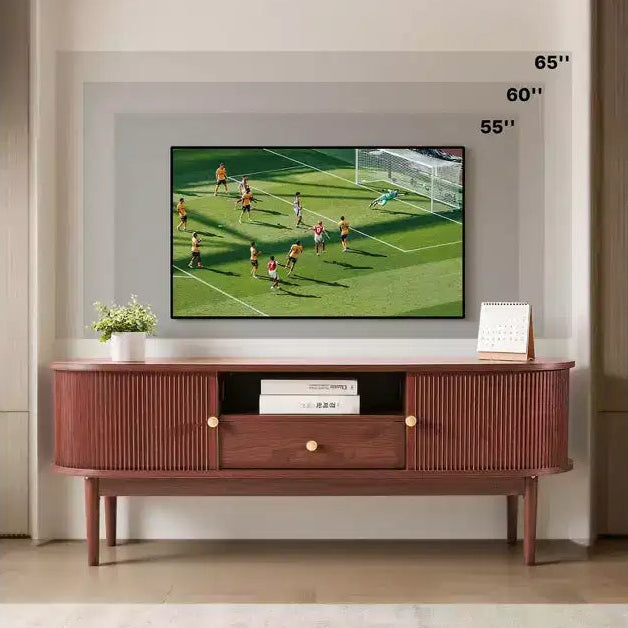 Mobile TV Mid-Century per TV da 58 pollici con Cassetto, Ripiani Aperti, Anta Scorrevole, Marrone