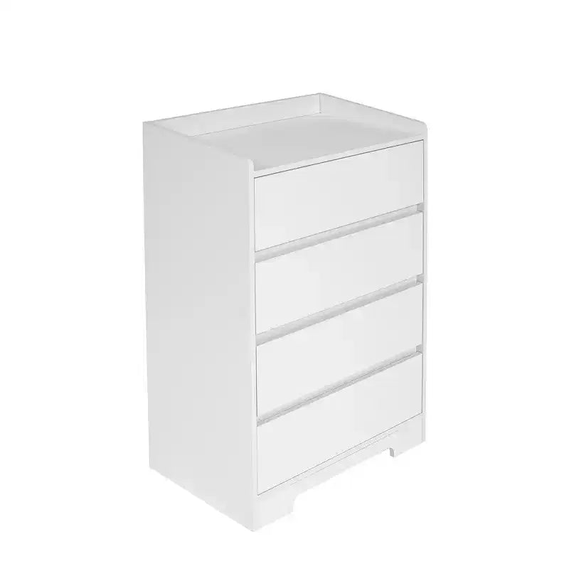 Comodino moderno a quattro cassetti in legno, cassetti senza maniglia, 100% impermeabile, struttura robusta, adatto per soggiorno, camera da letto, bianco
