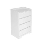 Comodino moderno a quattro cassetti in legno, cassetti senza maniglia, 100% impermeabile, struttura robusta, adatto per soggiorno, camera da letto, bianco
