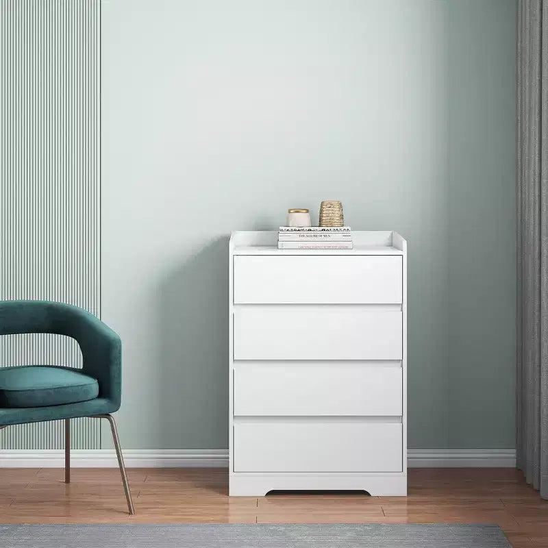 Comodino moderno a quattro cassetti in legno, cassetti senza maniglia, 100% impermeabile, struttura robusta, adatto per soggiorno, camera da letto, bianco