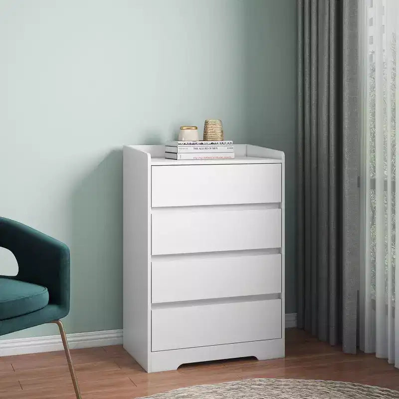 Comodino moderno a quattro cassetti in legno, cassetti senza maniglia, 100% impermeabile, struttura robusta, adatto per soggiorno, camera da letto, bianco