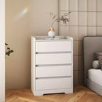 Comodino moderno a quattro cassetti in legno, cassetti senza maniglia, 100% impermeabile, struttura robusta, adatto per soggiorno, camera da letto, bianco