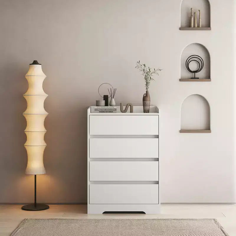Comodino moderno a quattro cassetti in legno, cassetti senza maniglia, 100% impermeabile, struttura robusta, adatto per soggiorno, camera da letto, bianco