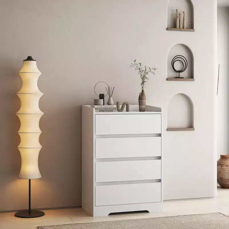 Comodino moderno a quattro cassetti in legno, cassetti senza maniglia, 100% impermeabile, struttura robusta, adatto per soggiorno, camera da letto, bianco