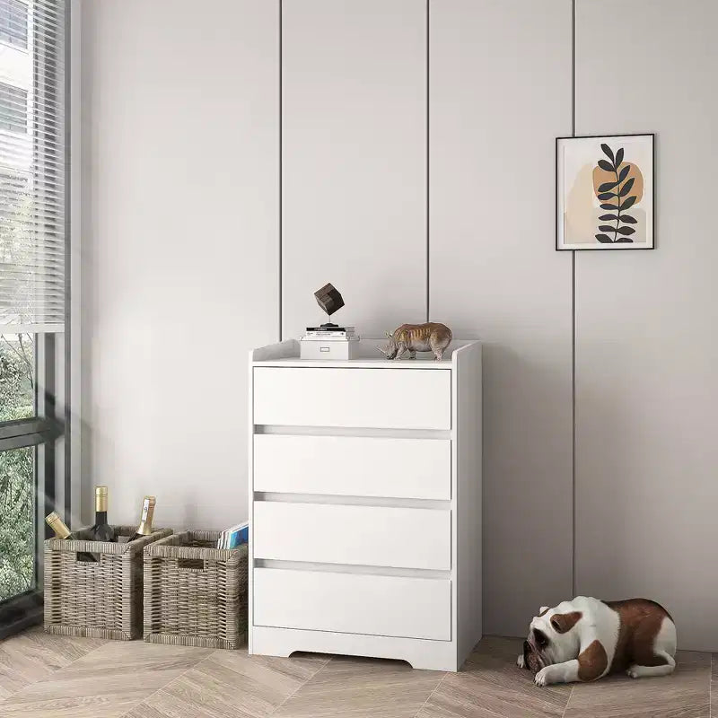 Comodino moderno a quattro cassetti in legno, cassetti senza maniglia, 100% impermeabile, struttura robusta, adatto per soggiorno, camera da letto, bianco