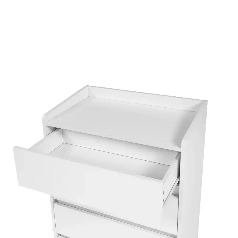 Comodino moderno a quattro cassetti in legno, cassetti senza maniglia, 100% impermeabile, struttura robusta, adatto per soggiorno, camera da letto, bianco