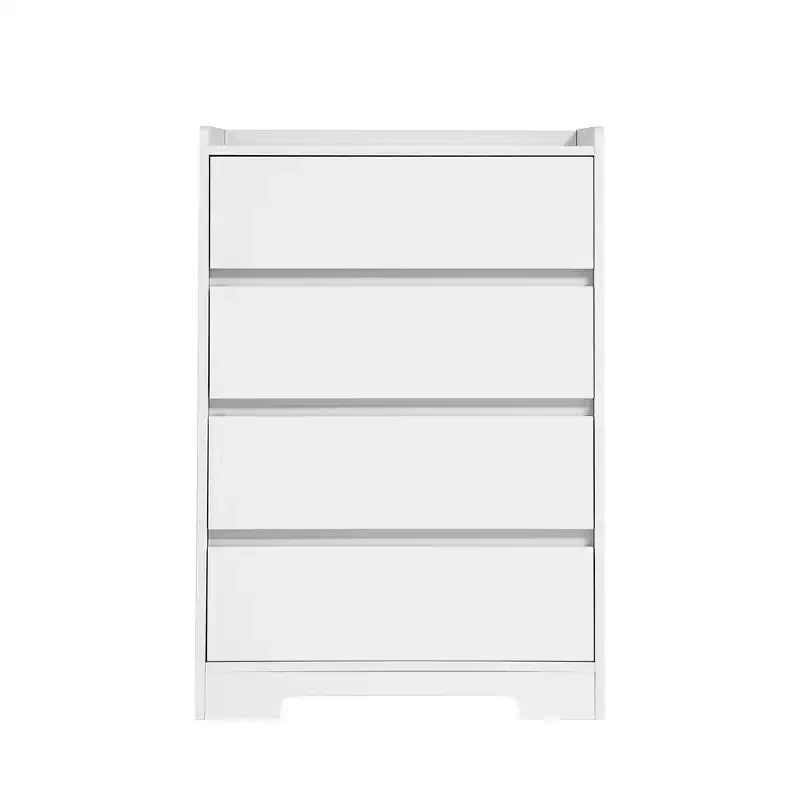 Comodino moderno a quattro cassetti in legno, cassetti senza maniglia, 100% impermeabile, struttura robusta, adatto per soggiorno, camera da letto, bianco