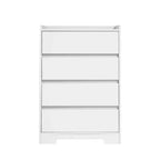 Comodino moderno a quattro cassetti in legno, cassetti senza maniglia, 100% impermeabile, struttura robusta, adatto per soggiorno, camera da letto, bianco