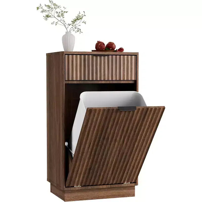 Tilt-Out Trash Can Cabinet w/ Wave Textured Drawer, Wooden Hideaway Recycling & Storage Organizer, Walnut