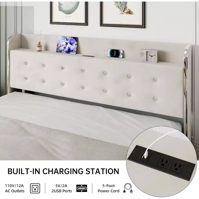 Bed Frame with 4 Storage Drawers, Velvet Upholstered Platform1000Lbs Support, BeigeFULL
