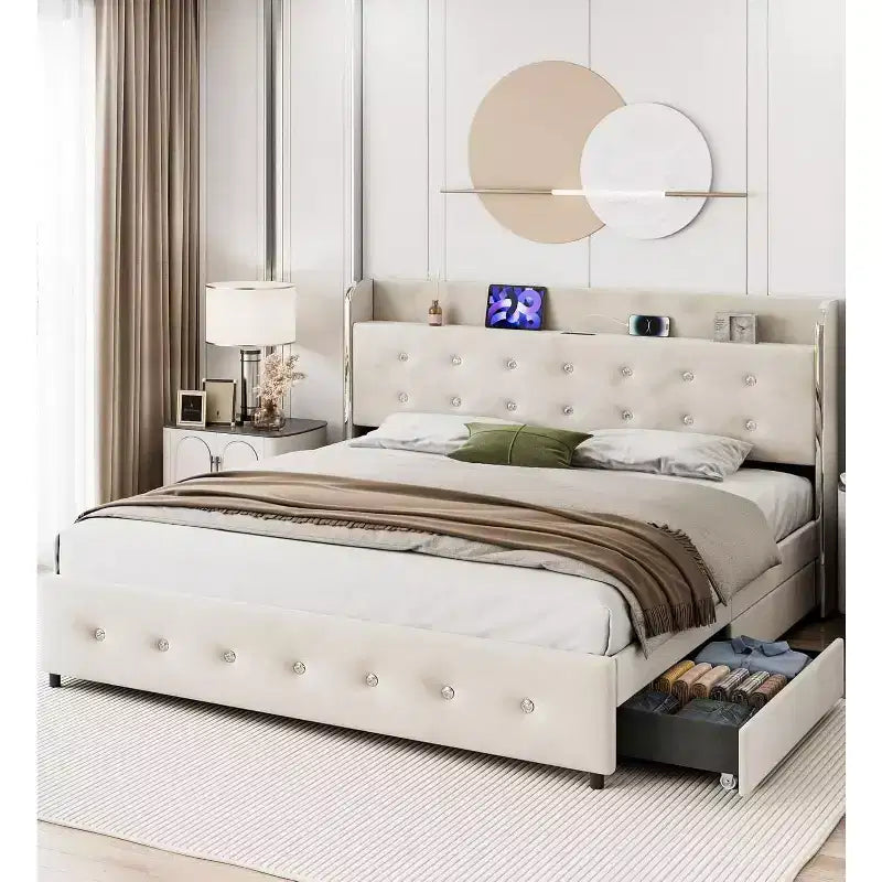 Struttura letto con 4 cassetti contenitore, piattaforma imbottita in velluto, supporto da 450 kg, beige, UNA PIAZZA E MEZZA