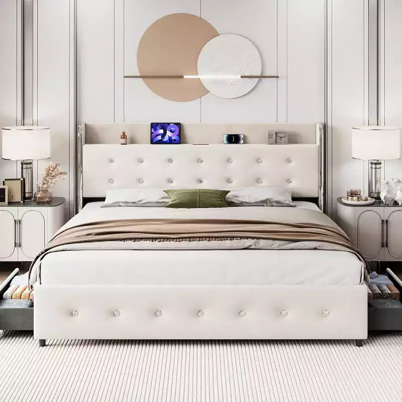 Struttura letto con 4 cassetti contenitore, piattaforma imbottita in velluto, supporto da 450 kg, beige, UNA PIAZZA E MEZZA