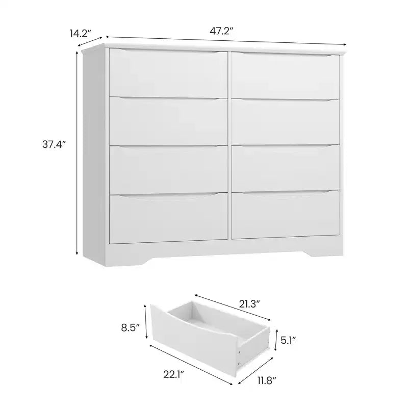 Cassettiera in legno con 8 cassetti, Armadio alto moderno con cassetti capienti, Cassettiera grande con piano largo, Cassettiera lunga