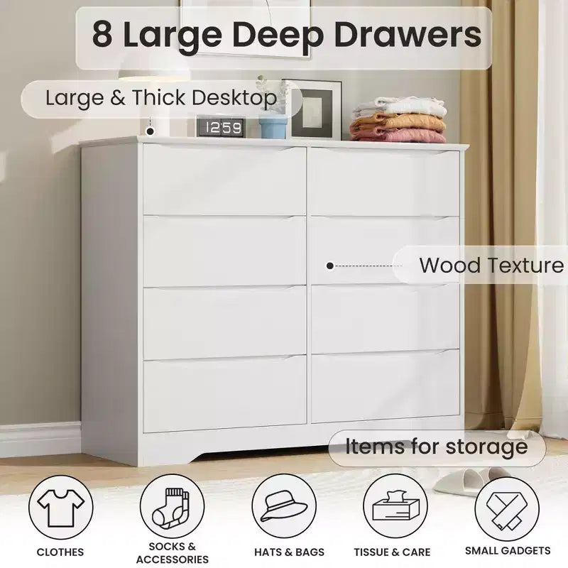 Wooden Dresser with 8 Drawers, Tall Modern Closet with Deep Storage, Large Chest of Drawers with Wide Top, Long Storage Dresser