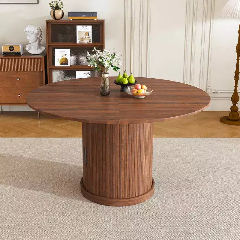 Tavolo da pranzo ovale allungabile da 150 cm con due ripiani, posti per 4-6 persone, base inclusa, adatto per sale da pranzo e soggiorni, noce