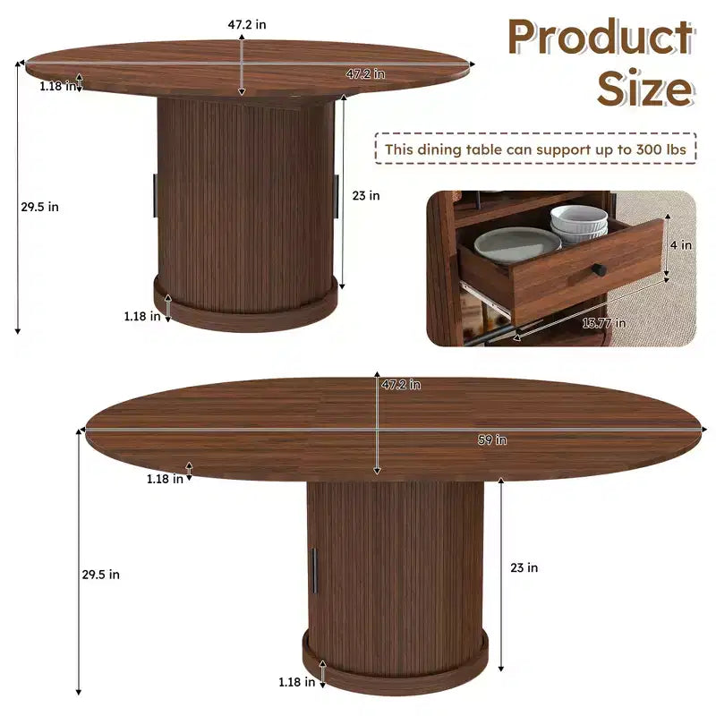 59-inch extendable oval dining table with two-tier storage, seats 4-6 people, includes base, suitable for dining rooms and living rooms, walnut