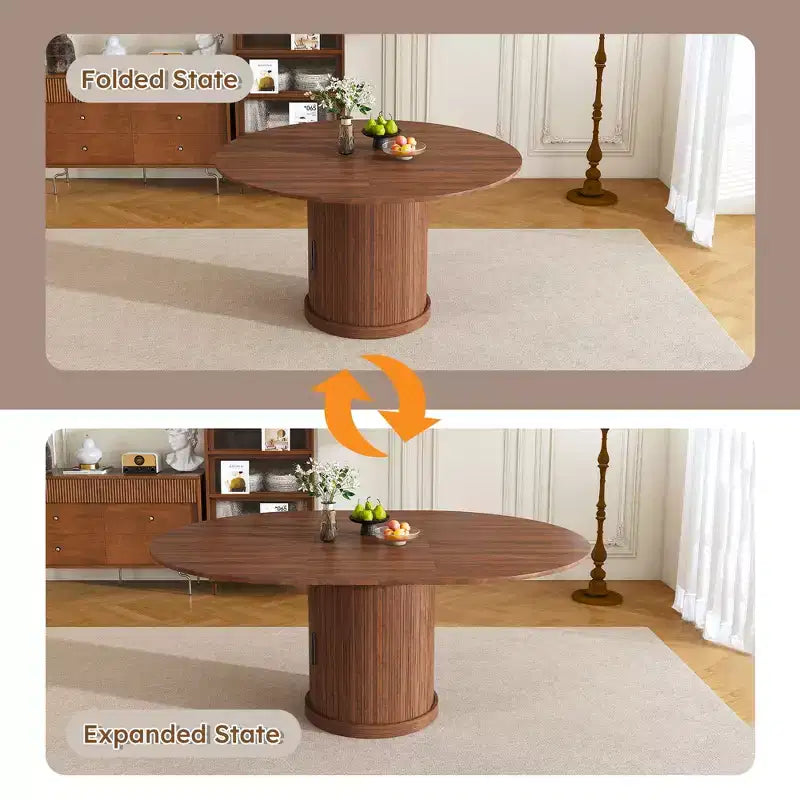 Tavolo da pranzo ovale allungabile da 150 cm con due ripiani, posti per 4-6 persone, base inclusa, adatto per sale da pranzo e soggiorni, noce