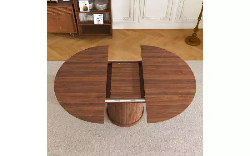 Tavolo da pranzo ovale allungabile da 150 cm con due ripiani, posti per 4-6 persone, base inclusa, adatto per sale da pranzo e soggiorni, noce