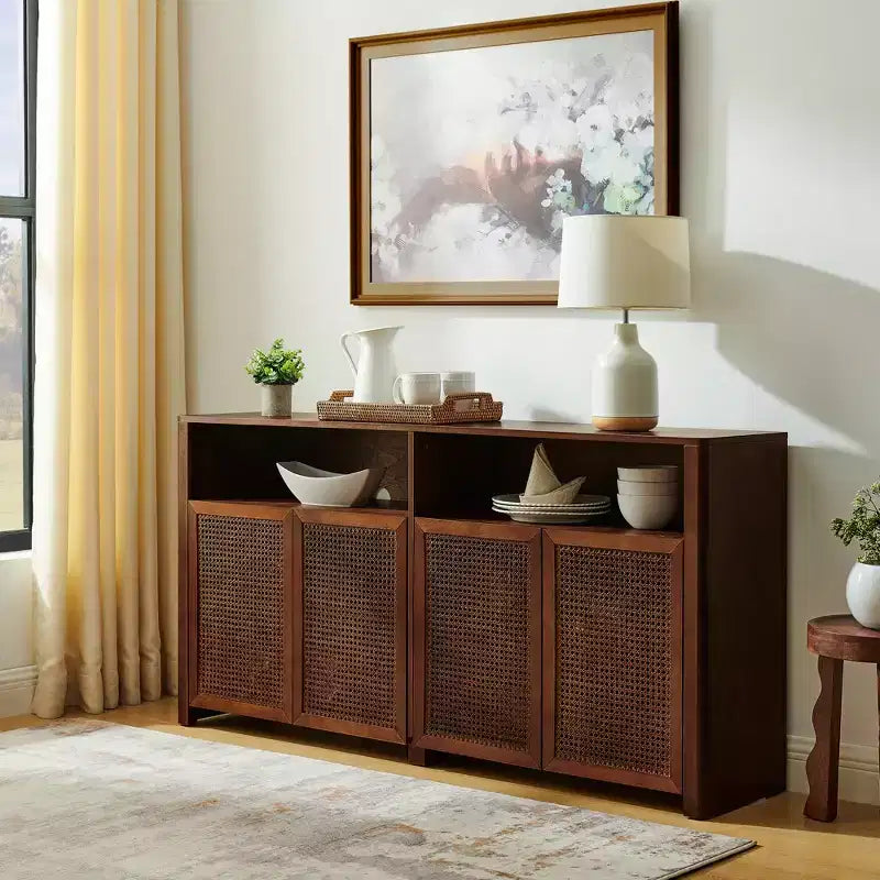 63-inch Mid-Century Modern Rattan Sideboard with Storage, Vintage Wine Cabinet, Suitable for Living Room or Kitchen, Walnut