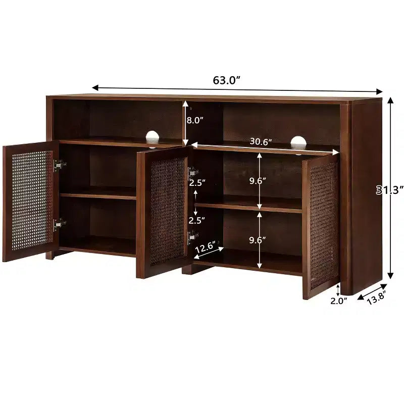 63-inch Mid-Century Modern Rattan Sideboard with Storage, Vintage Wine Cabinet, Suitable for Living Room or Kitchen, Walnut
