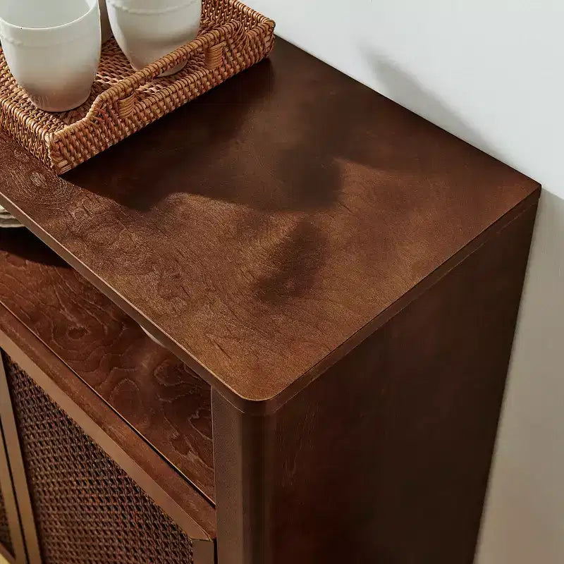 63-inch Mid-Century Modern Rattan Sideboard with Storage, Vintage Wine Cabinet, Suitable for Living Room or Kitchen, Walnut