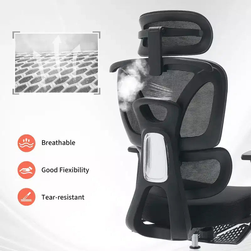 Sedia da Ufficio Ergonomica in Rete per Ufficio Domestico, Studio, Gaming  Supporto Lombare Regolabile, Braccioli 3D, Poggiatesta e Poggiapiedi  Rete Traspirante Nera, Telaio Nero