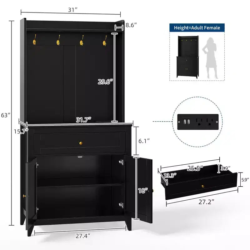 63'' Sideboard Buffet Cabinet, 4 Hooks Cabinet with Drawer & Adjustable Shelves, Kitchen Storage for Kitchen, Living Room & Dining Room