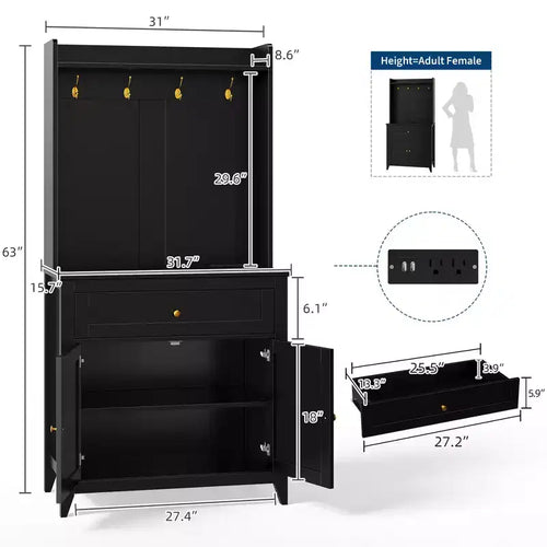 Mobile Buffet Credenza da 160 cm, Mobiletto con 4 Ganci, Cassetto e Ripiani Regolabili, Mobile Contenitore per Cucina, Salotto e Sala da Pranzo