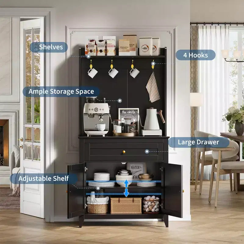 63'' Sideboard Buffet Cabinet, 4 Hooks Cabinet with Drawer & Adjustable Shelves, Kitchen Storage for Kitchen, Living Room & Dining Room