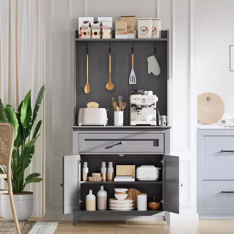 63'' Sideboard Buffet Cabinet, 4 Hooks Cabinet with Drawer & Adjustable Shelves, Kitchen Storage for Kitchen, Living Room & Dining Room