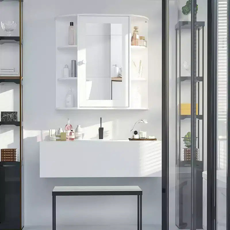 Pensile da bagno con specchio e ripiani laterali aperti per riporre gli oggetti - Bianco