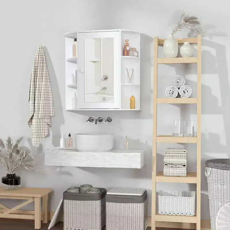 Pensile da bagno con specchio e ripiani laterali aperti per riporre gli oggetti - Bianco