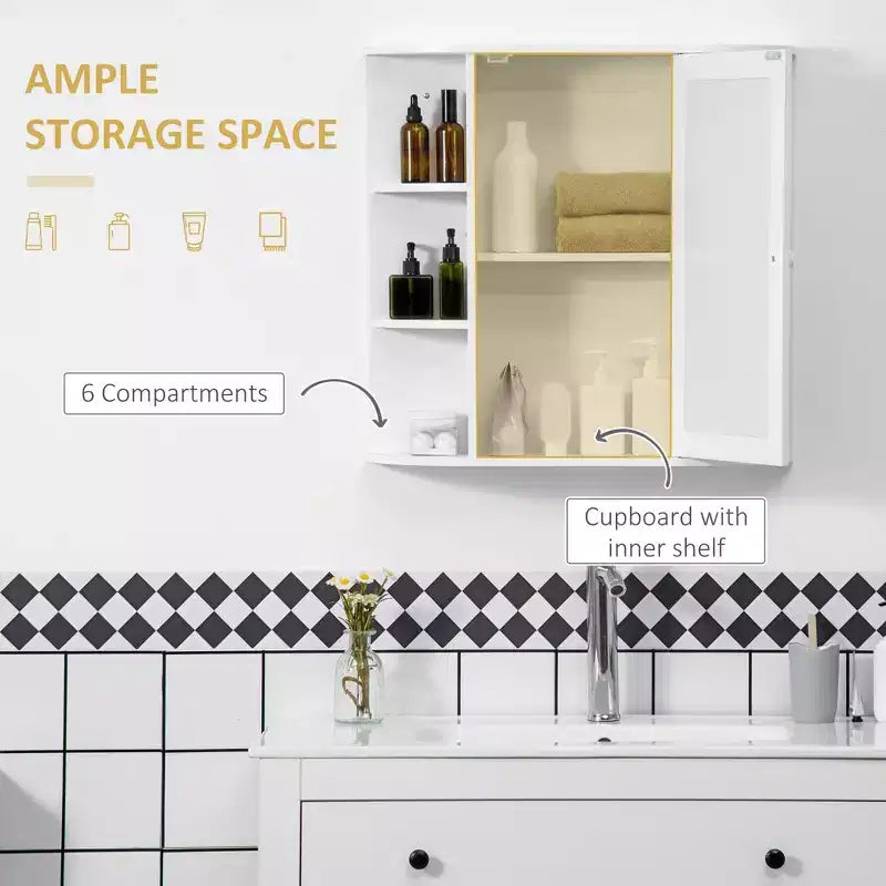 Wall-Mounted Medicine Cabinet with Mirror and Open Side Shelves for Bathroom Storage - White