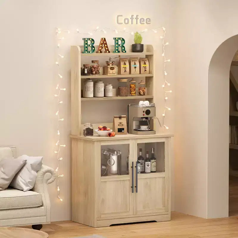 Scaffale da Panettiere in Stile Rustico, Credenza in Legno Rustico con Sportello in Vetro, Armadietto, Organizer per Dispensa da Cucina, Supporto per Microonde