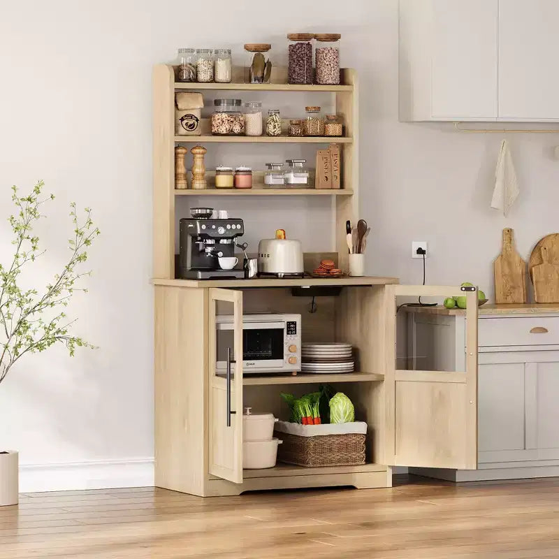 Scaffale da Panettiere in Stile Rustico, Credenza in Legno Rustico con Sportello in Vetro, Armadietto, Organizer per Dispensa da Cucina, Supporto per Microonde