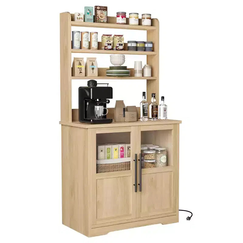 Scaffale da Panettiere in Stile Rustico, Credenza in Legno Rustico con Sportello in Vetro, Armadietto, Organizer per Dispensa da Cucina, Supporto per Microonde