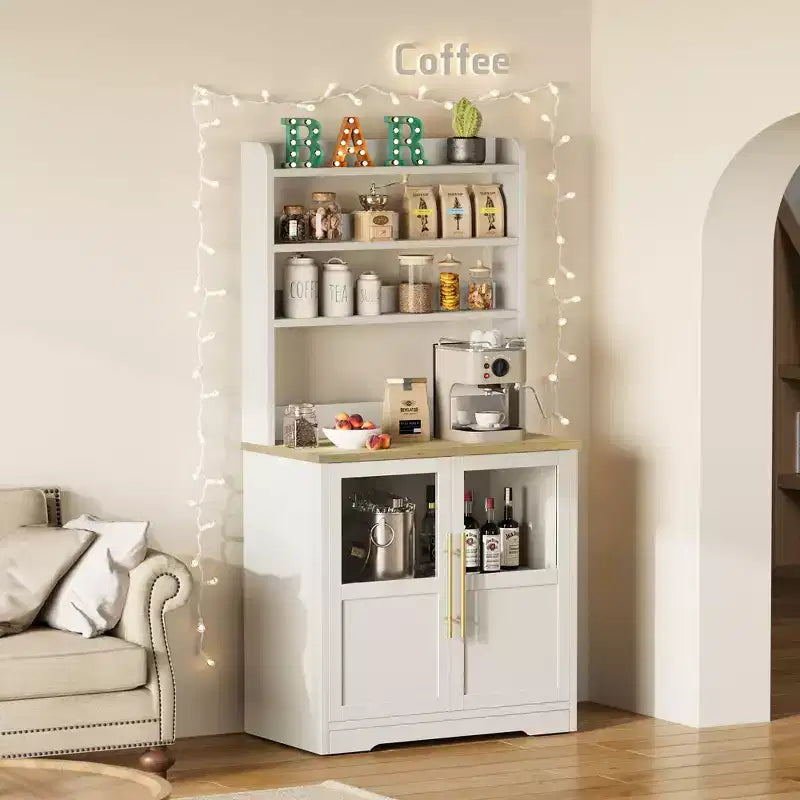 Scaffale da Panettiere in Stile Rustico, Credenza in Legno Rustico con Sportello in Vetro, Armadietto, Organizer per Dispensa da Cucina, Supporto per Microonde