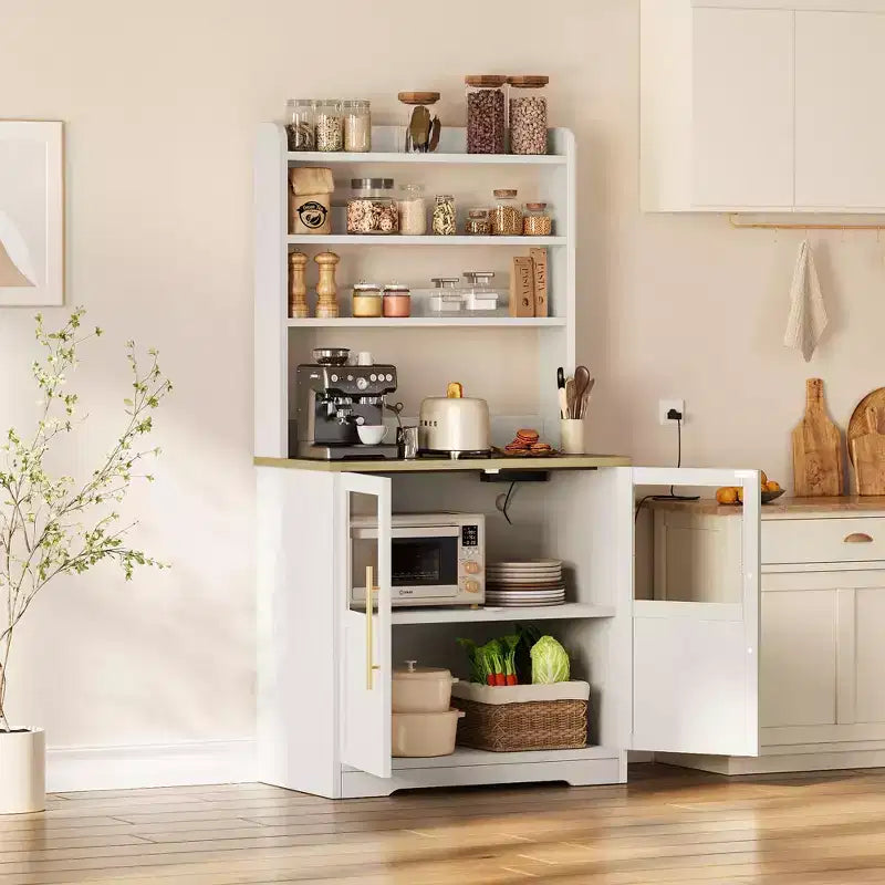 Scaffale da Panettiere in Stile Rustico, Credenza in Legno Rustico con Sportello in Vetro, Armadietto, Organizer per Dispensa da Cucina, Supporto per Microonde