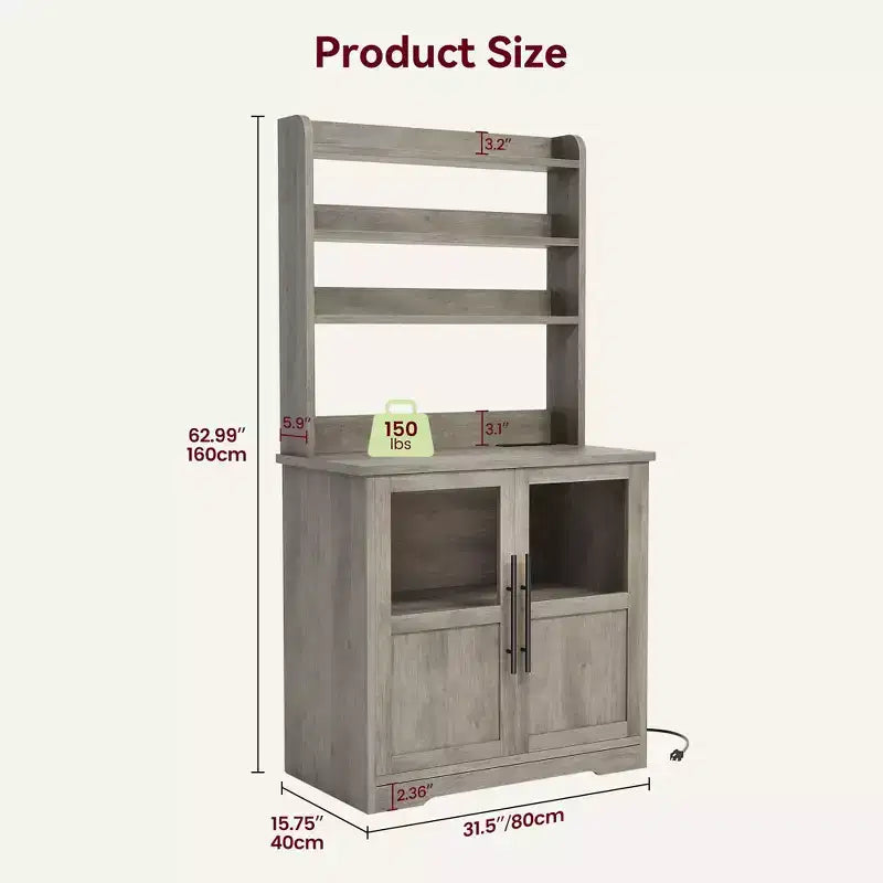 Farmhouse Bakers Rack, Rustic Wood Hutch with Glass Door Storage Cabinet, Kitchen Pantry Organizer Microwave Stand