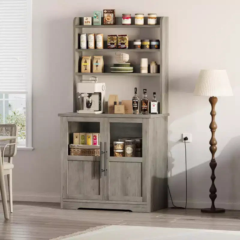 Farmhouse Bakers Rack, Rustic Wood Hutch with Glass Door Storage Cabinet, Kitchen Pantry Organizer Microwave Stand