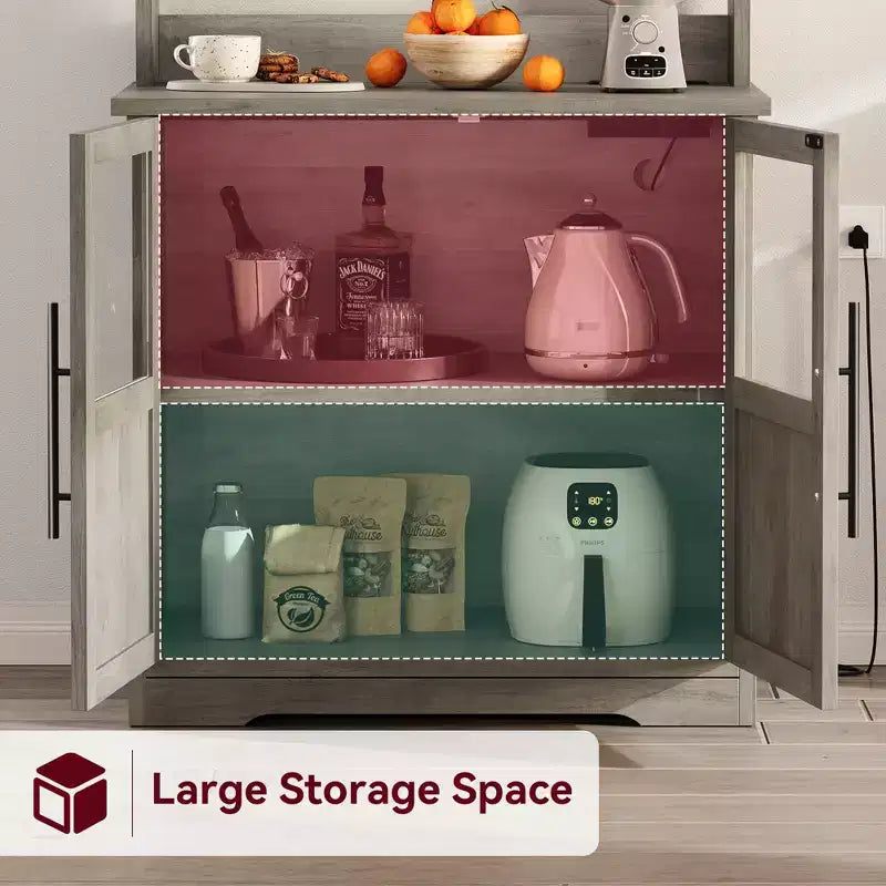 Scaffale da Panettiere in Stile Rustico, Credenza in Legno Rustico con Sportello in Vetro, Armadietto, Organizer per Dispensa da Cucina, Supporto per Microonde