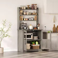 Farmhouse Bakers Rack, Rustic Wood Hutch with Glass Door Storage Cabinet, Kitchen Pantry Organizer Microwave Stand