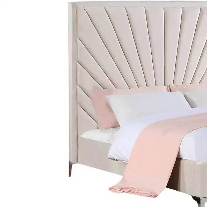 87" Queen Bed Faiz Bed Beige Velvet -: Sunburst Channel-Tufted, Metal Feet, No Box Spring Needed